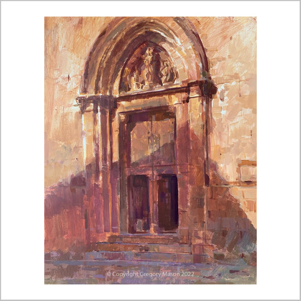 Entrance of the Angels is an original oil painting of the Church in Pollenca Old Town, Mallorca.