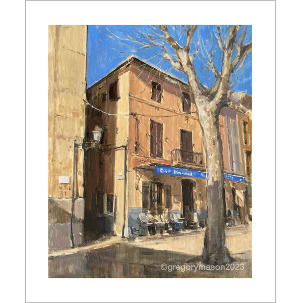 A signed, editioned print of an original oil painting by Greg Mason of the iconic Pinewalk in Puerto Pollenca.