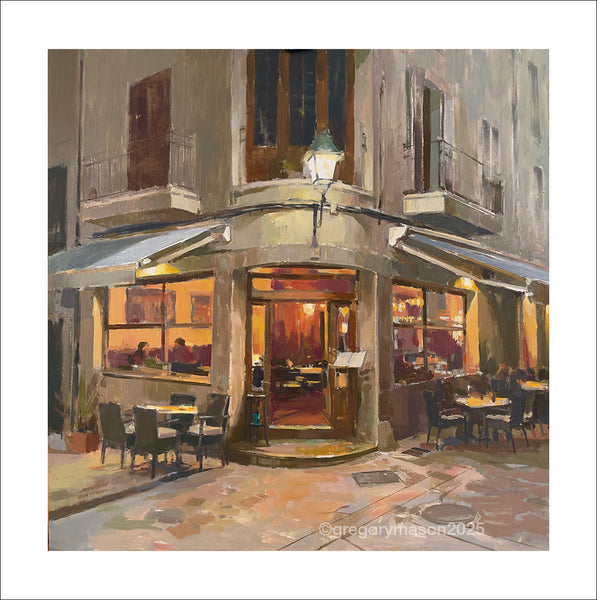 Painting of a cozy restaurant interior with warm lighting
