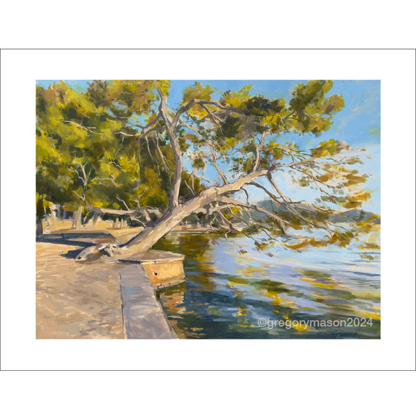 A signed, editioned print of an original oil painting by Greg Mason of the iconic Pinewalk in Puerto Pollenca.