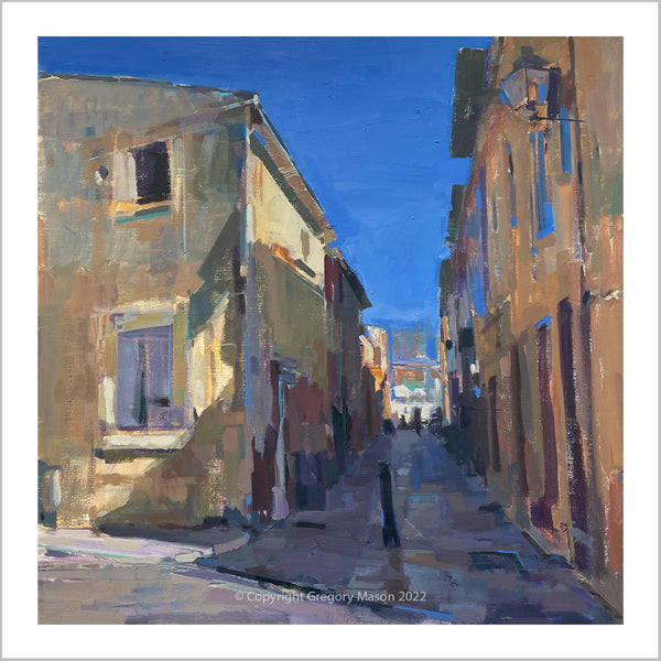 An original oil painting of the back streets in Pollenca, Mallorca.